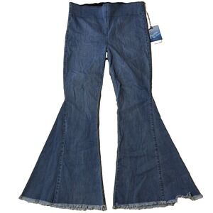 Mumu Blue Bell Bottom Jeans Size XXL Pull on Flare Raw Hem Comfort Denim Pants